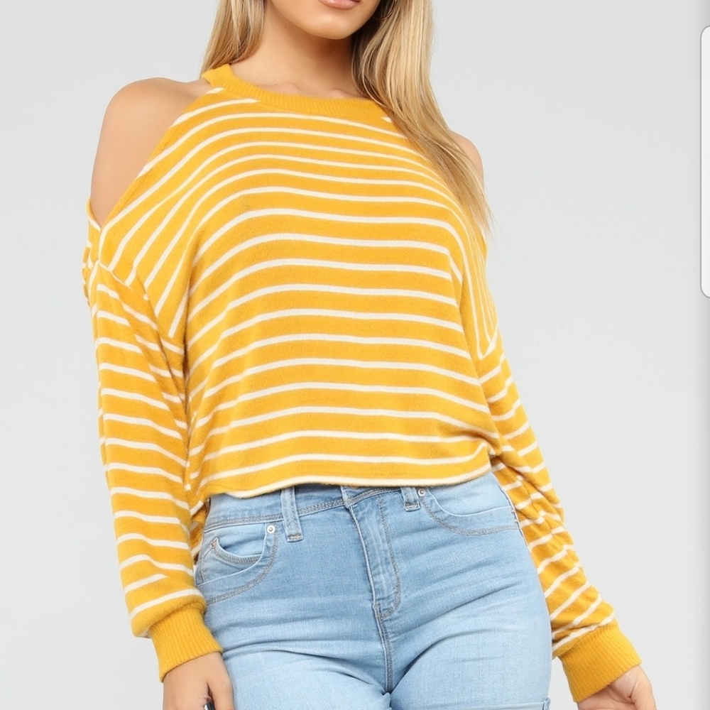 Mustard stripped cold shoulder sweater